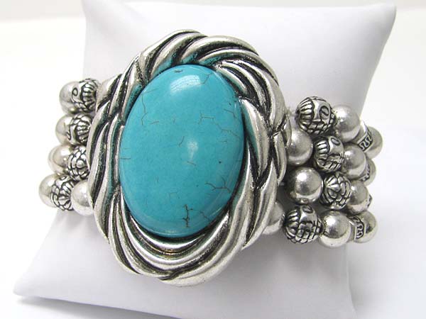 Turquoise oval stone textured metallic beads stretch bracelet