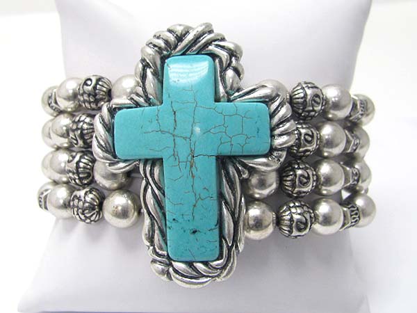 Turquoise cross stone textured metallic beads stretch bracelet