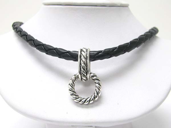 Textured casting metal ring braided cord necklace