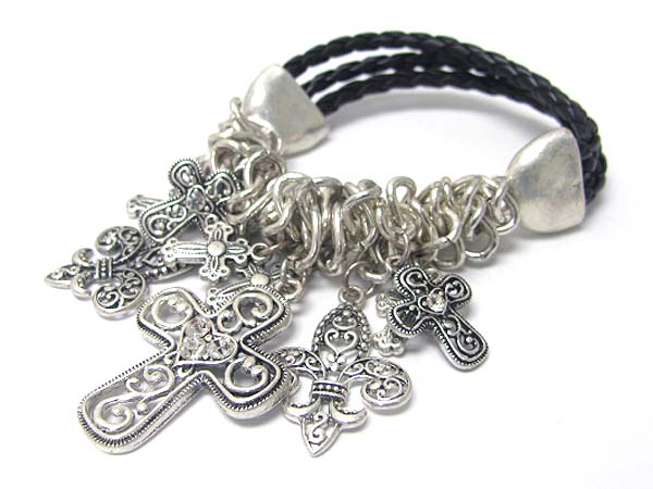 Multi antique cross charm dangle cord bracelet