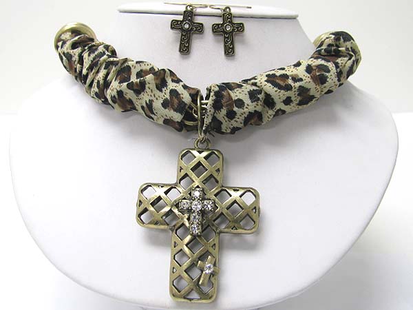 Crystal stud cross pendant and leopard pattern scarf wrapped necklace erarring set