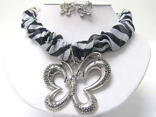 Crystal stud butterfly pendant and zebra pattern scarf wrapped necklace erarring set