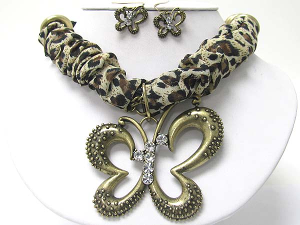 Crystal stud butterfly pendant and leopard pattern scarf wrapped necklace erarring set