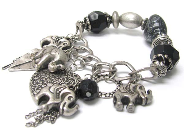 Antique metal and stone elephant charm bracelet