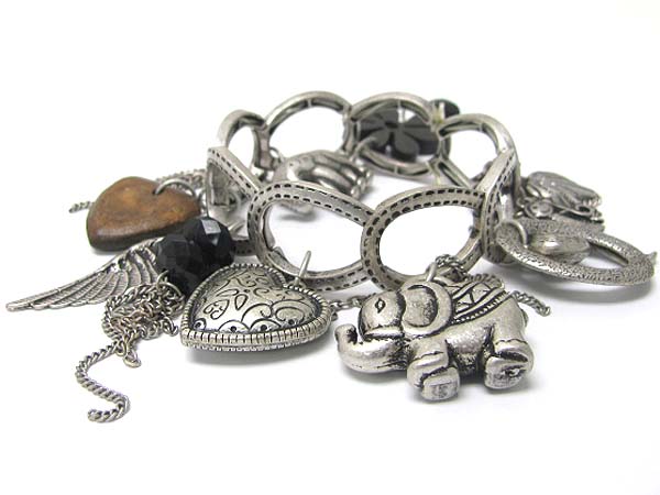 Antique metal and stone elephant and heart charm bracelet