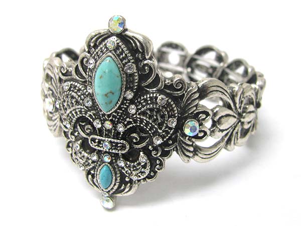 Crystal and turquoise stone deco fleur de lis top stretch bracelet