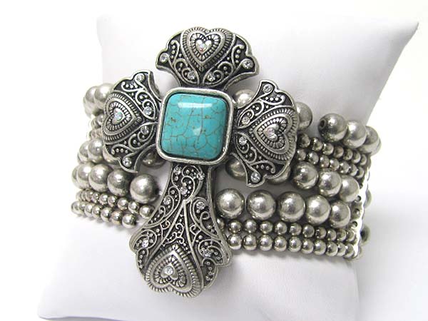 Crystal and turquoise stone deco cross top stretch bracelet