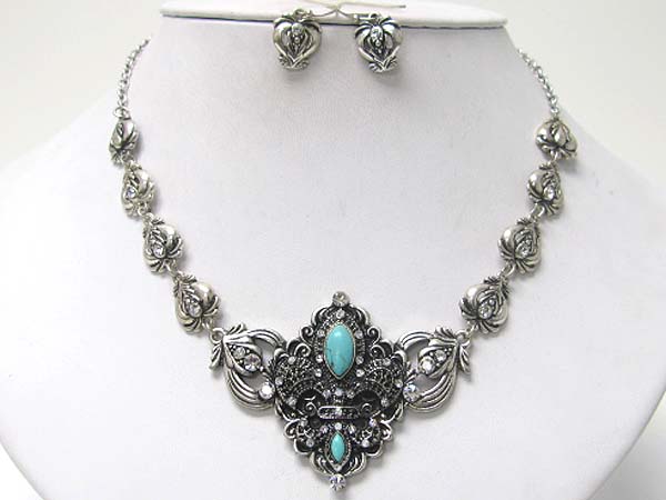 Crystal and turquoise stone deco fleur de lis link necklace earring set