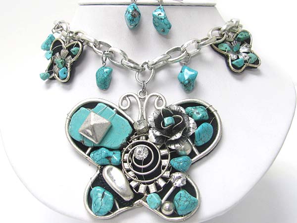 Natural chip stone and metal craft work butterfly pendant necklace earring set