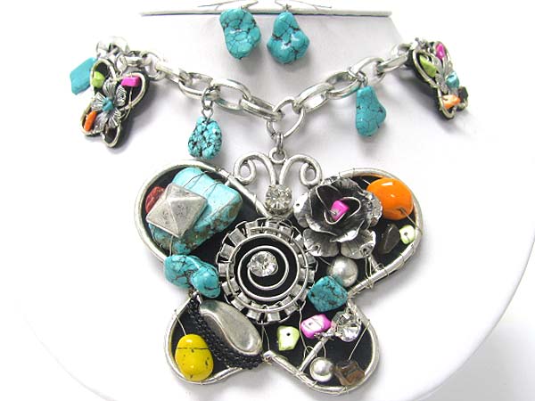 Natural chip stone and metal craft work butterfly pendant necklace earring set