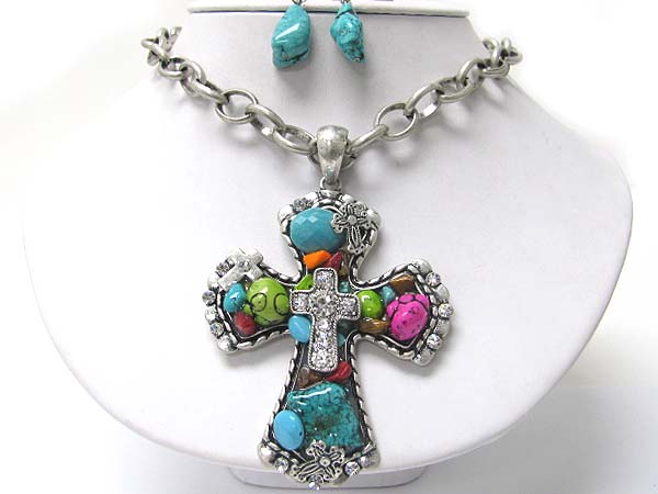 Natural chip stone and crystal stud cross pendant necklace earring set