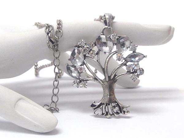 Crystal leaf deco tree of life pendant long necklace