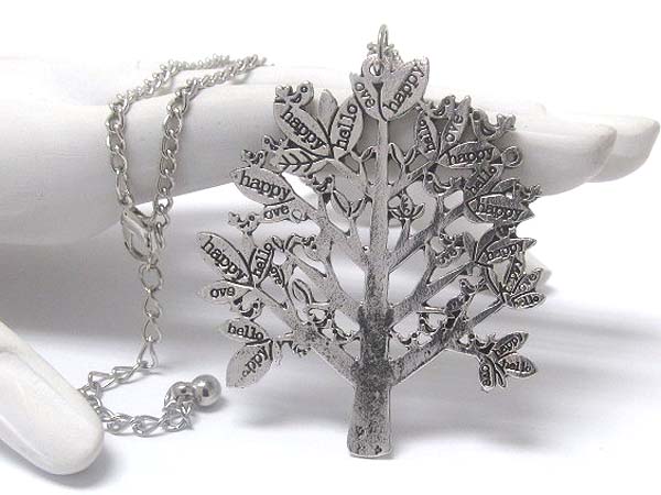 Happy and hello message on leaf tree pendant long necklace