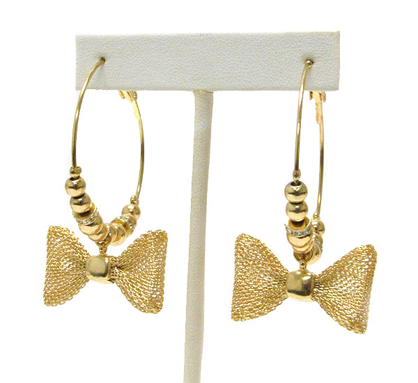 Mesh ribbon drop and crystal rondelle deco hoop earring - hoops