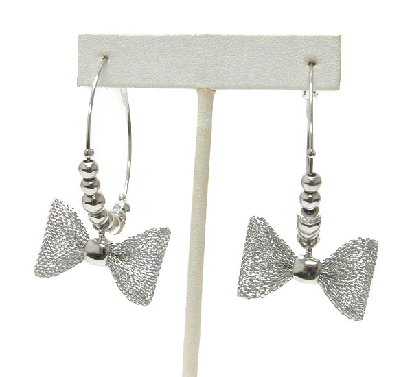 Mesh ribbon drop and crystal rondelle deco hoop earring - hoops