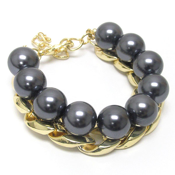 Chunky pearl ball and thick metal chain combo bracelet