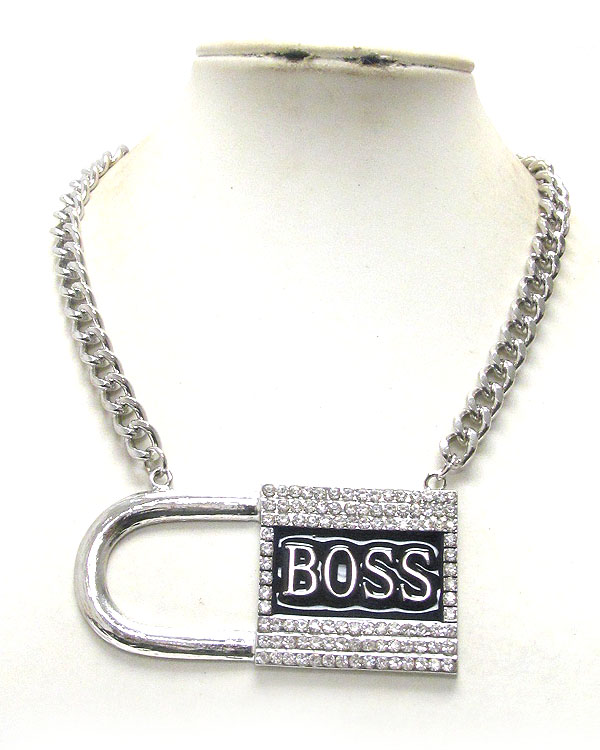 Crystal boss lock thick chain necklace