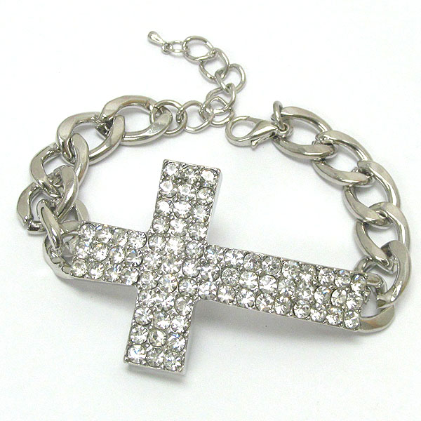 Crystal cross thick metal chain bracelet