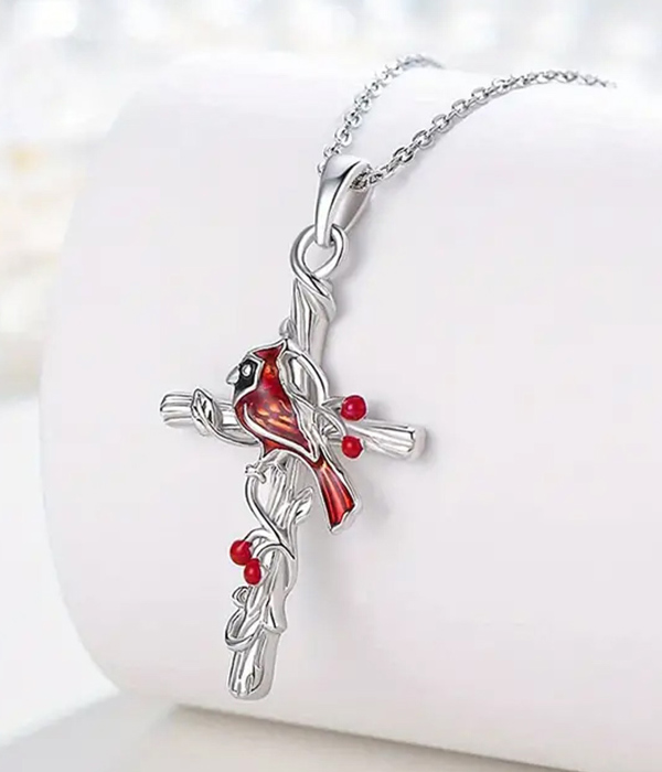 Cardinal bird on cross pendant necklace