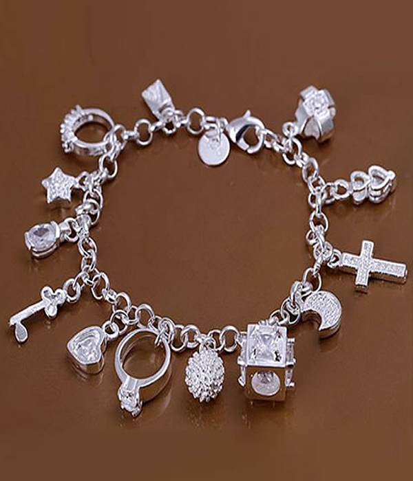 925 sterling silver plated multi ring and cross charm bracelet