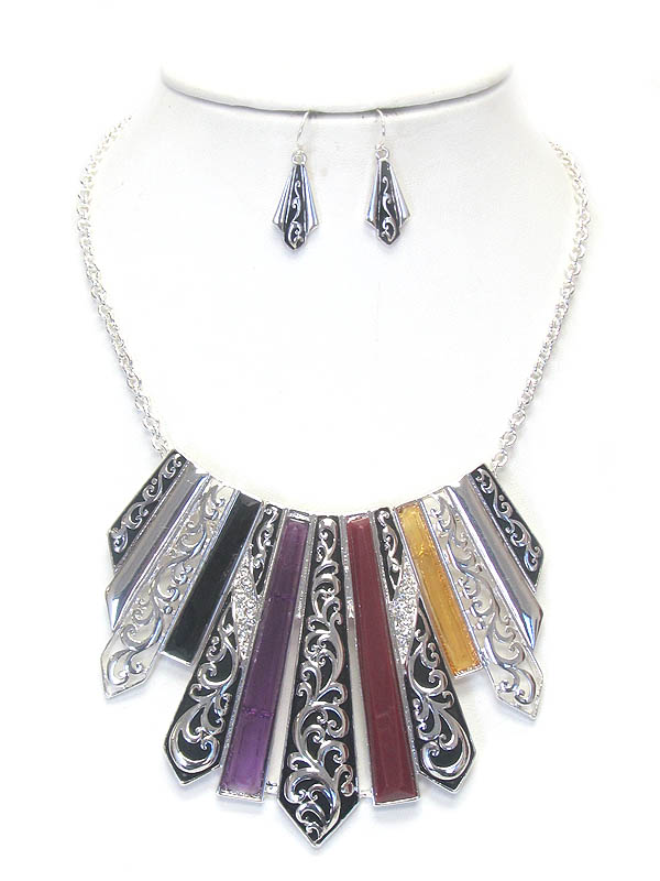 Metal filigree and epoxy multi bar link necklace set