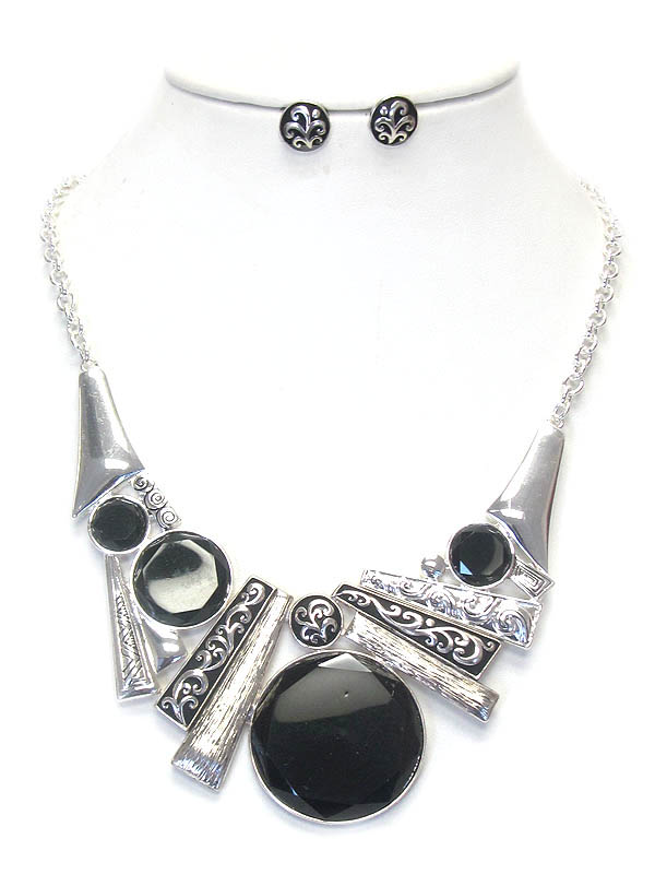 Metal filigree and facet stone mix necklace set