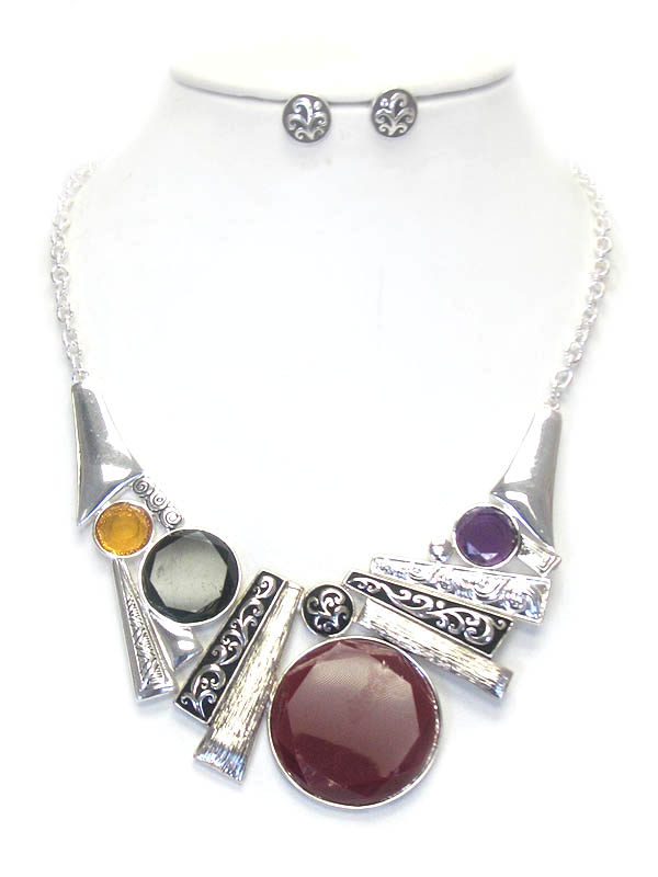 Metal filigree and facet stone mix necklace set