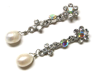 Crystal flower and fresh water pearl drop earring