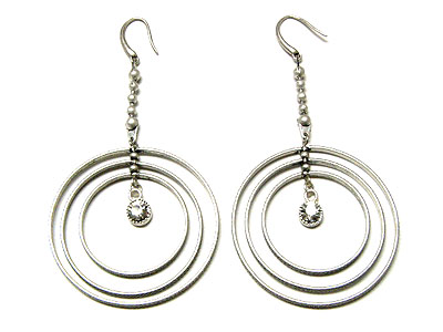 Burnish metal triple hoop and crystal drop earring - hoops