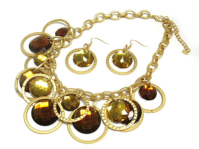 Multi epoxy stone disk and metal ring dangle necklace and earring set