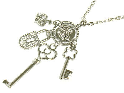 Crystal key and lock dangle necklace