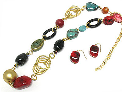 Formica beads and genuine stone necklace and earring set - turquoise and coral tone