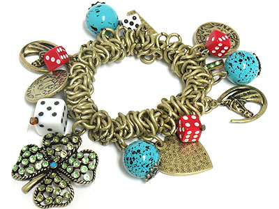 Crystal four leaves clover and dice and other lucky charm dangle stretch bracelet