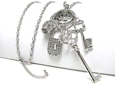 Made in korea whitegold plating multi key crown lock charm dangle long necklace