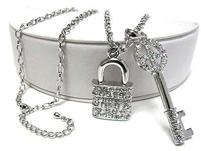 Made in korea whitegold plating large key and padlock pendant long necklace