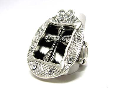 Burnish metal cross and zebra pattern stretch ring