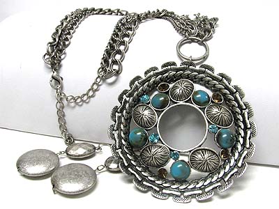 Stone and crystal deco large round metal pendant chain necklace earring set