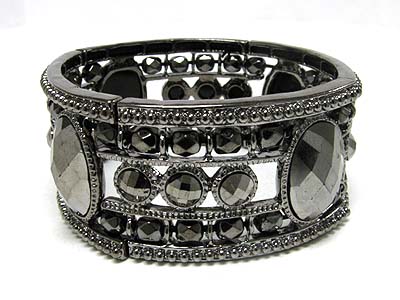 Crystal and metallic facet glass wide stretch bracelet