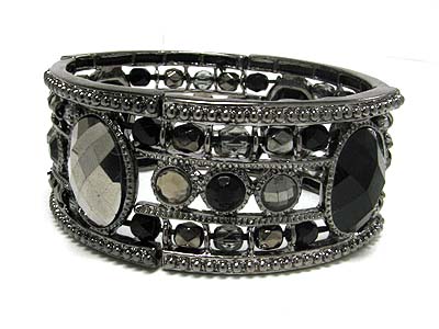 Crystal and metallic facet glass wide stretch bracelet