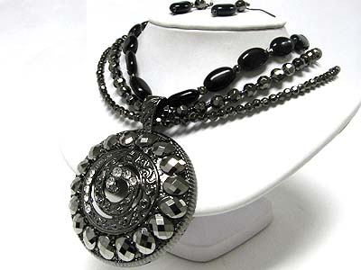 Metallic facet glass deco round pendant multi strand necklace earring set