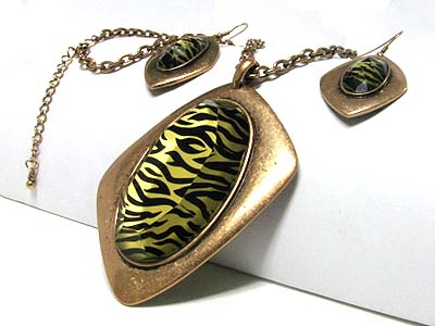 Burnish metal facet glass animal pattern pendant necklace earring set