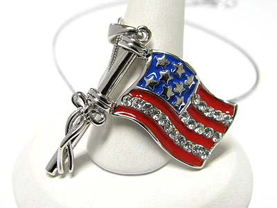 Made in korea whitegold plating crystal and epoxy americn flag pendant necklace