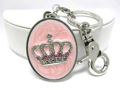 Crystal and epoxy crown oval locket key chain charm