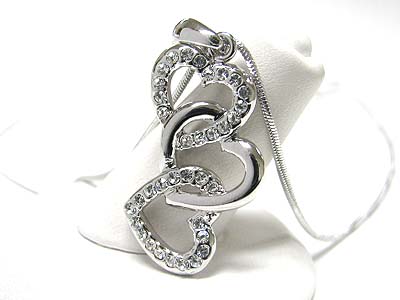 Made in korea whitegold plating crystal triple heart link pendant necklace