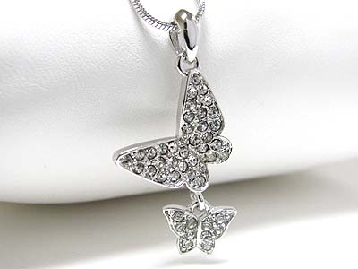 Made in korea whitegold plating crystal dual butterfly pendant necklace