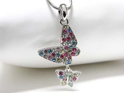 Made in korea whitegold plating crystal dual butterfly pendant necklace