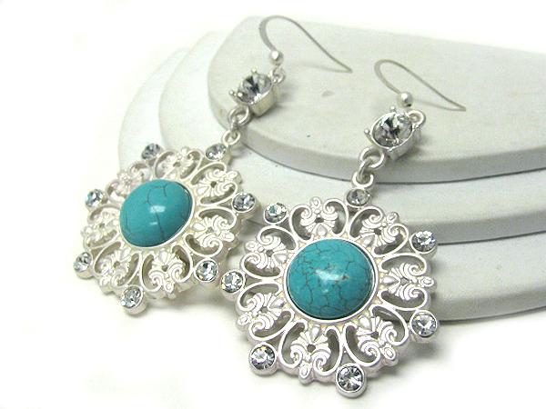 Turquoise center and crystal deco metal filigree earrings