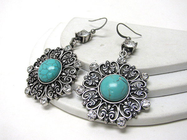 Turquoise center and crystal deco metal filigree earrings