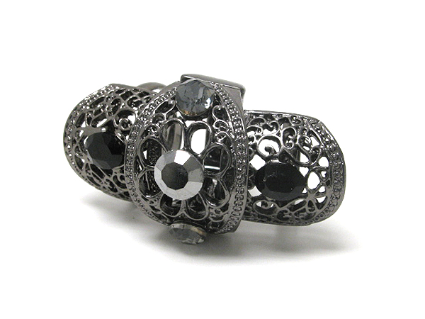 Glam punk crystal deco metal filigree joint knuckle armor ring