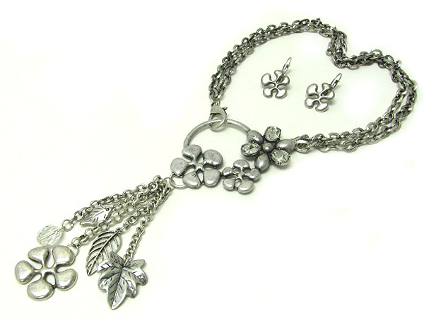 Metal flower and leaves long drop multi chain necklace earring set